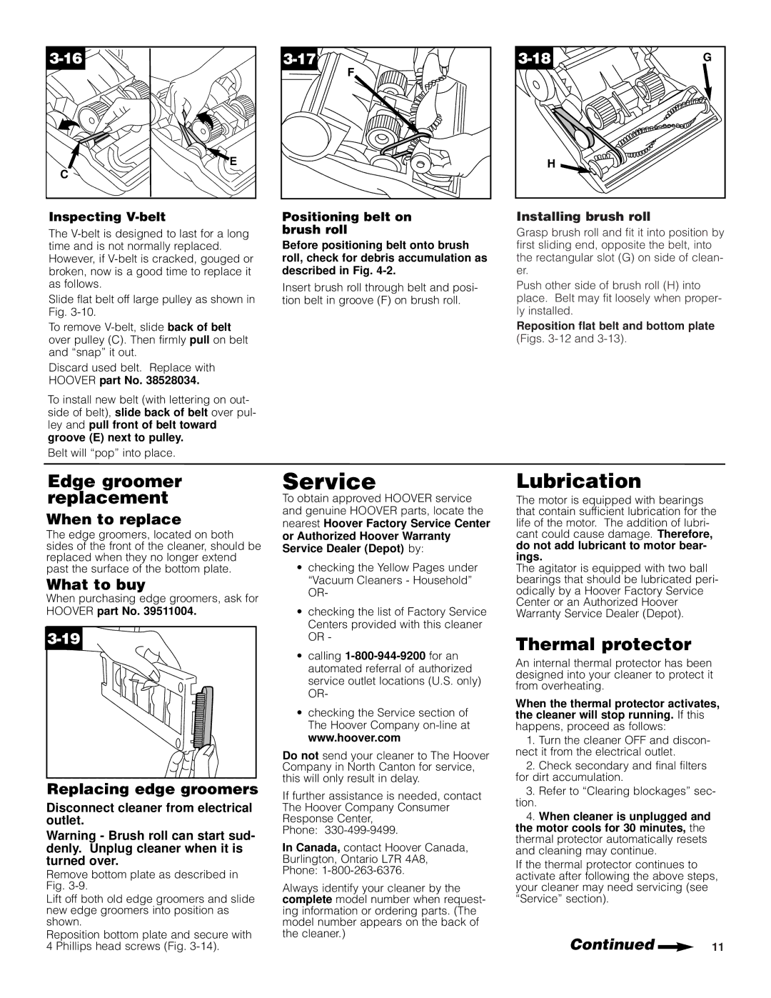 Hoover Self-Propelled WindTunnel Cleaner manual Service, Lubrication, Edge groomer replacement, Thermal protector 