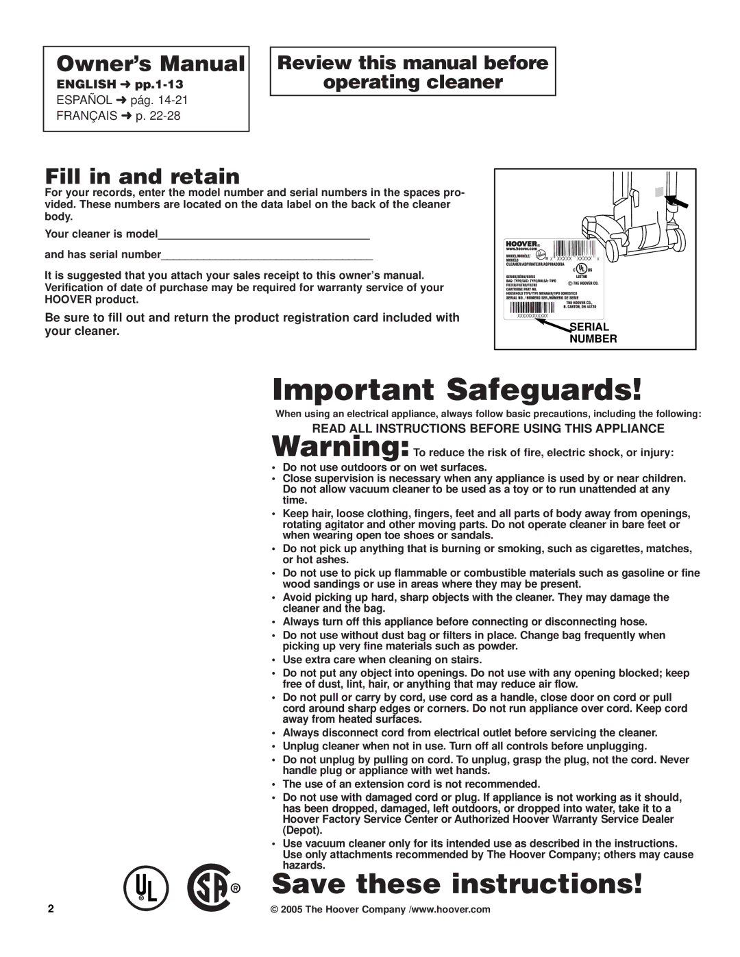 Hoover Self-Propelled WindTunnel Cleaner Fill in and retain, Review this manual before Operating cleaner, English pp.1-13 