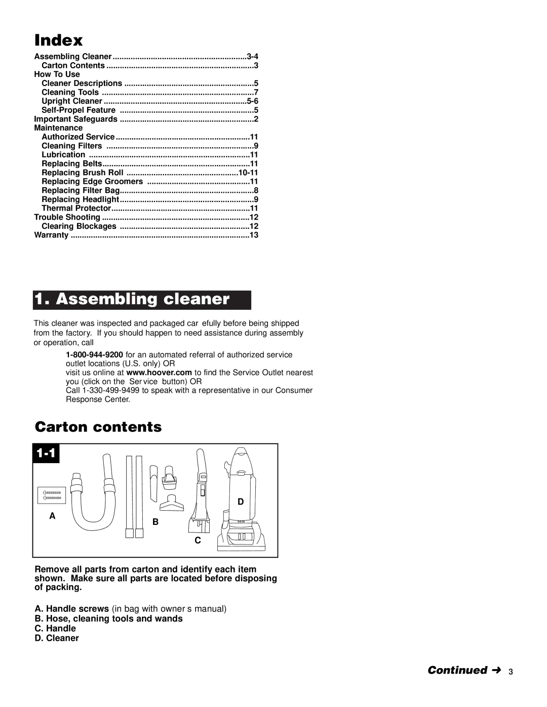 Hoover Self-Propelled WindTunnel Cleaner manual Index, Carton contents 