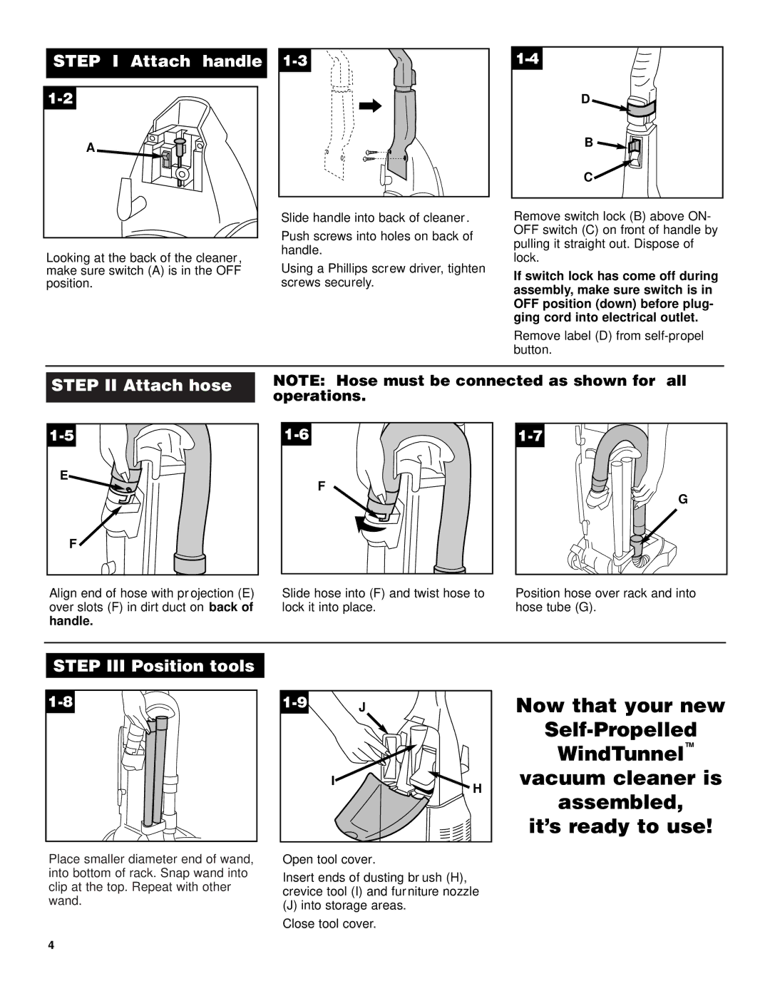 Hoover Self-Propelled WindTunnel Cleaner manual Step I Attach handle, Operations 