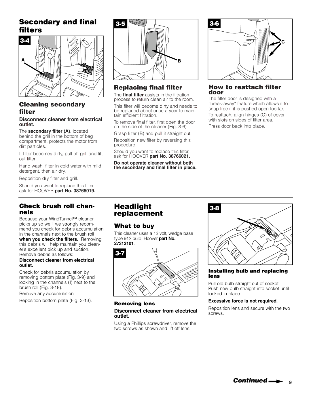 Hoover Self-Propelled WindTunnel Cleaner manual Secondary and final filters, Headlight replacement 