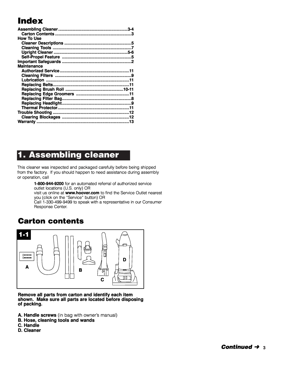 Hoover Self-Propelled WindTunnel Cleaner manual Index, Carton contents, Continued, Assembling cleaner 