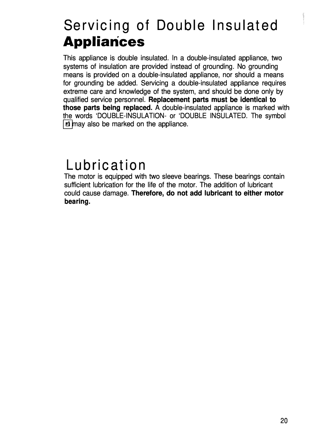 Hoover Shampoo- Polisher manual Servicing of Double Insulated Appliatices, Lubrication 