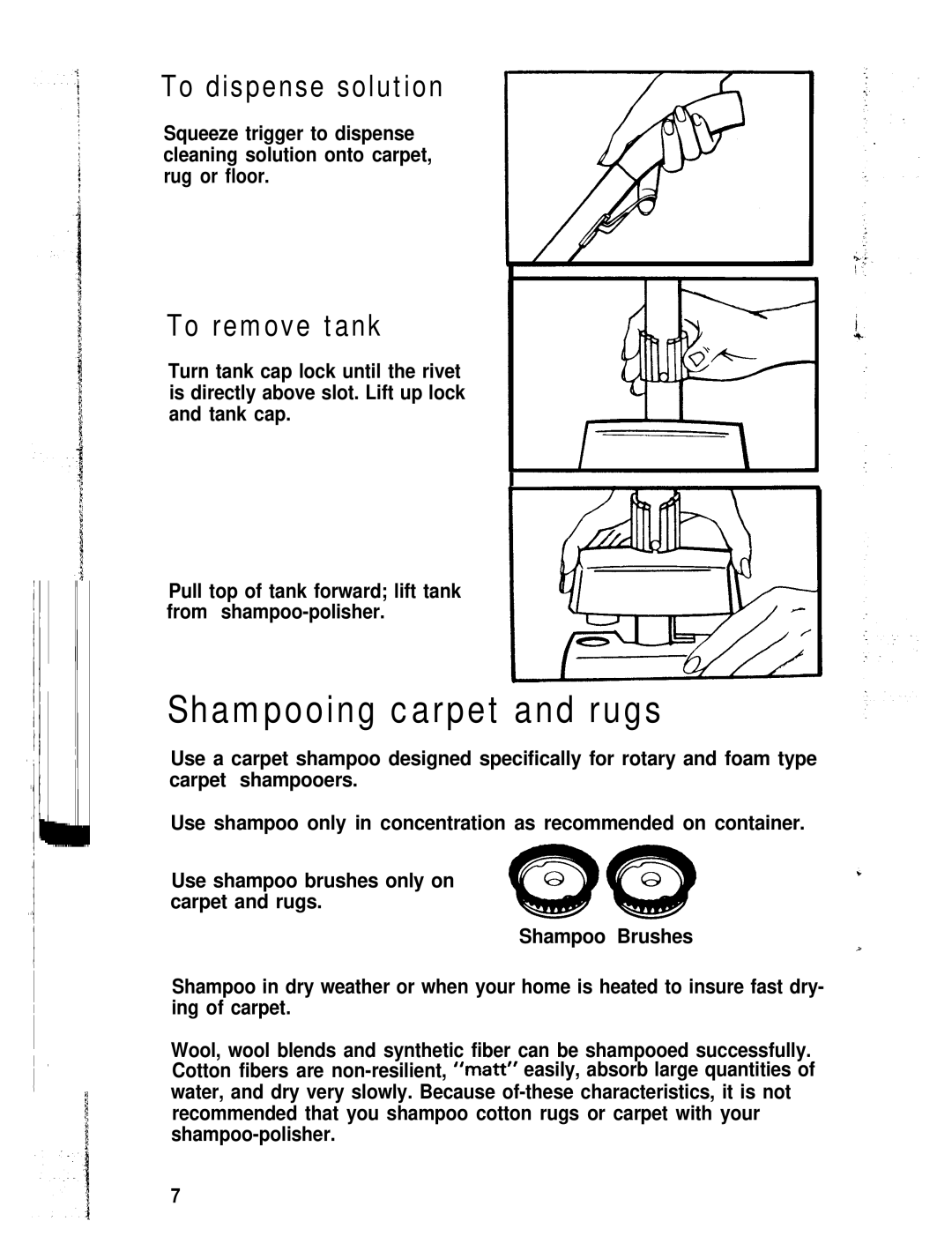 Hoover Shampoo-Polisher manual Shampooing carpet and rugs, To dispense solution, To remove tank 