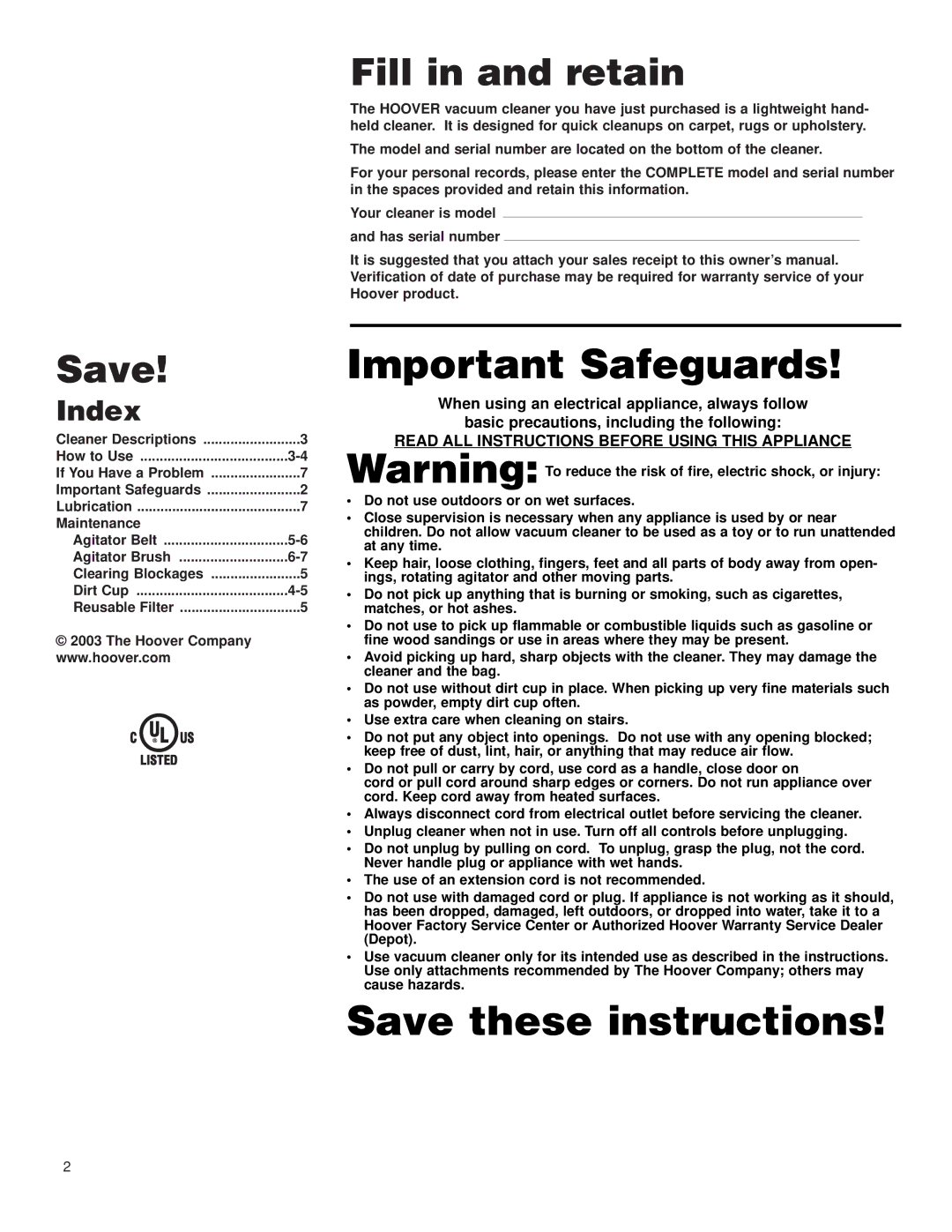 Hoover Sidewinder owner manual Save, Index 