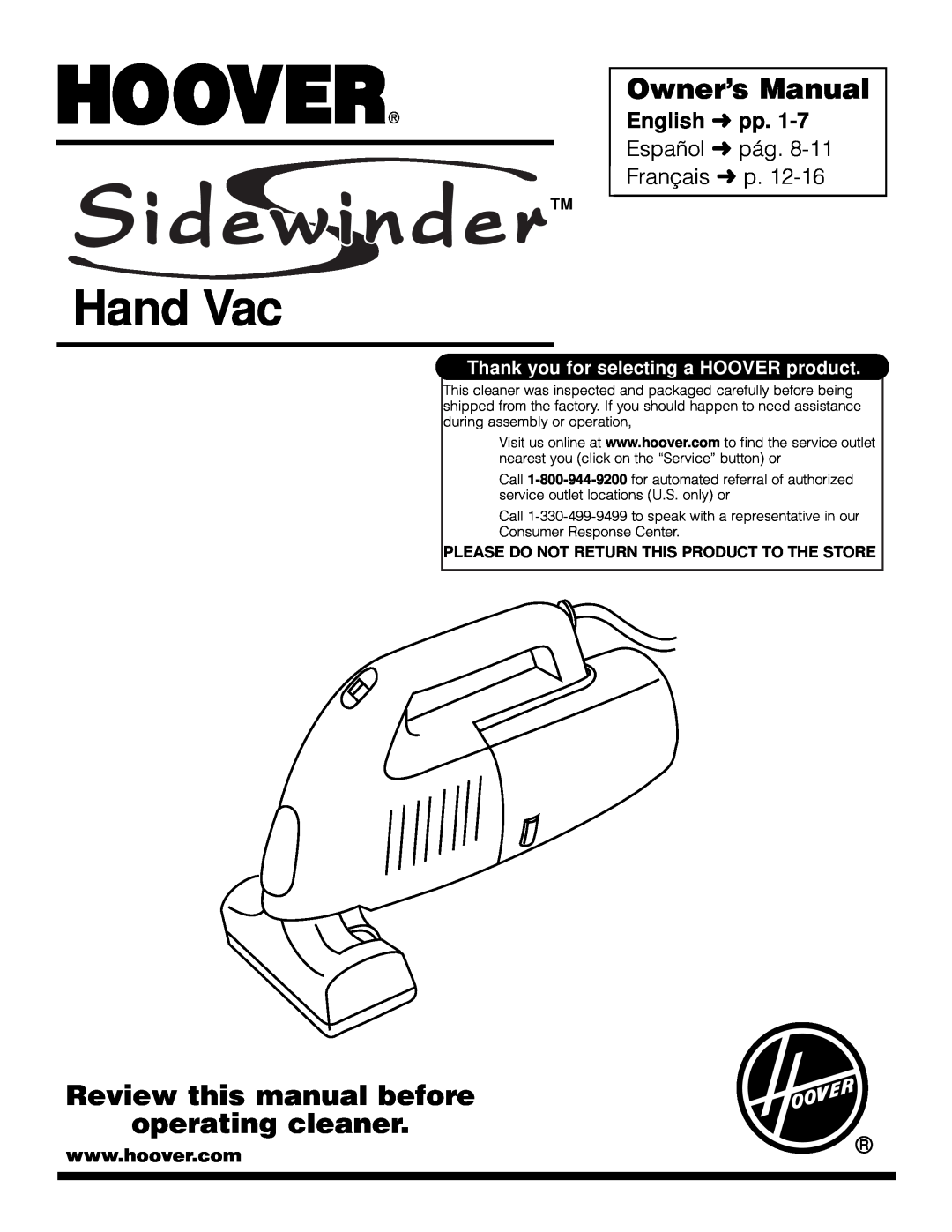 Hoover Sidewinder owner manual Owner’s Manual, Review this manual before operating cleaner, English pp, Hand Vac 