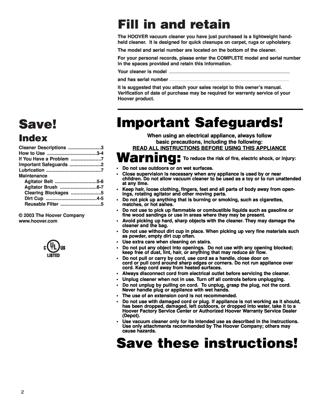 Hoover Sidewinder owner manual Index, Important Safeguards, Save these instructions, Fill in and retain 