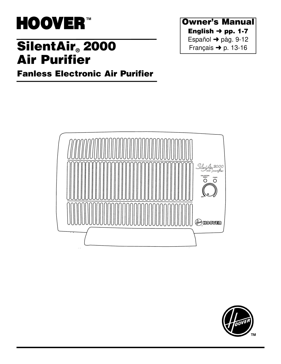 Hoover SilentAir 2000 owner manual SilentAir Air Purifier 