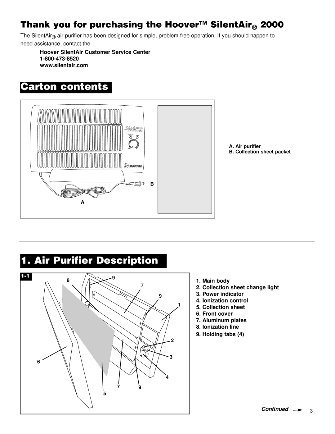 Hoover SilentAir 2000 owner manual Carton contents, Air Purifier Description, Thank you for purchasing the Hoover SilentAir 