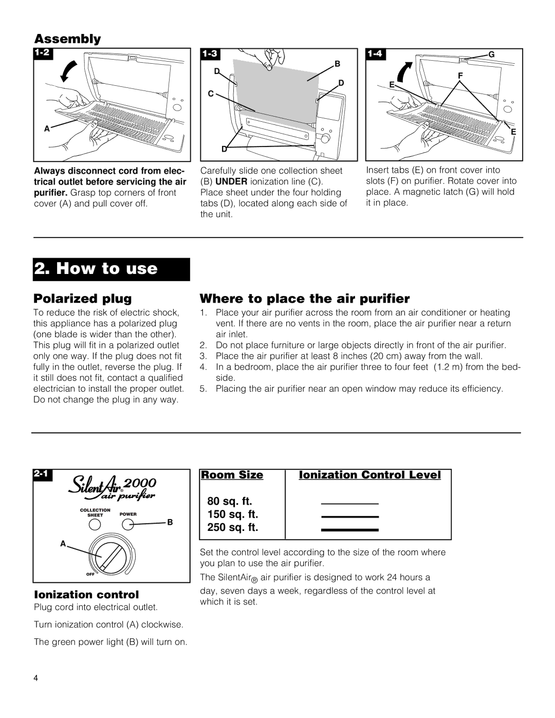 Hoover SilentAir 2000 How to use, Assembly, Polarized plug, Where to place the air purifier, Ionization control 