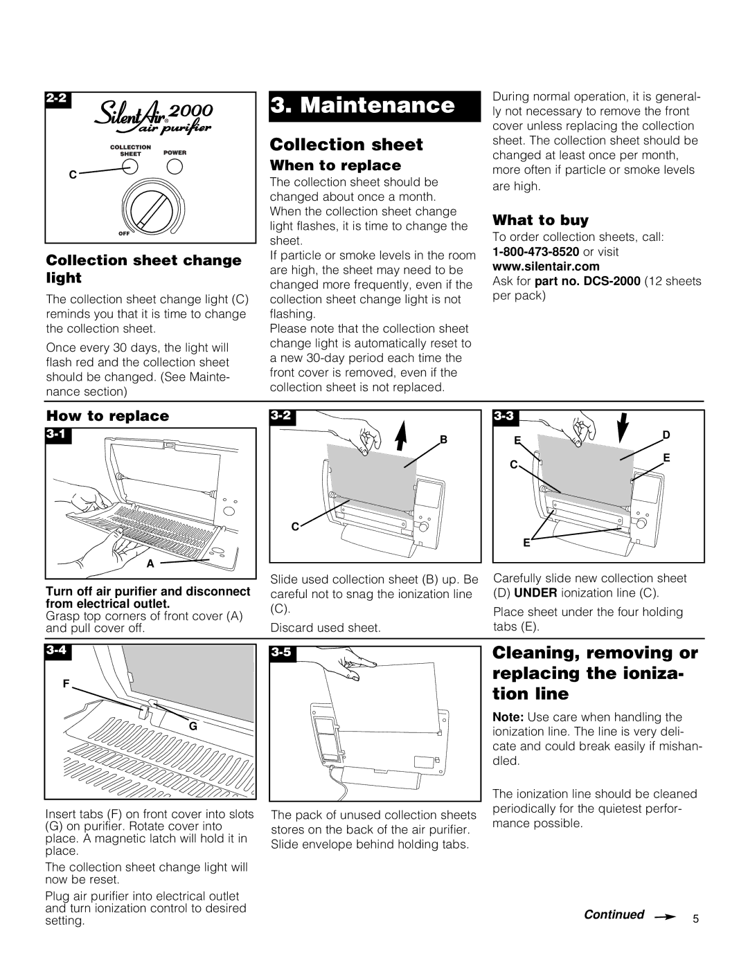 Hoover SilentAir 2000 owner manual Maintenance, Collection sheet, Cleaning, removing or replacing the ioniza- tion line 