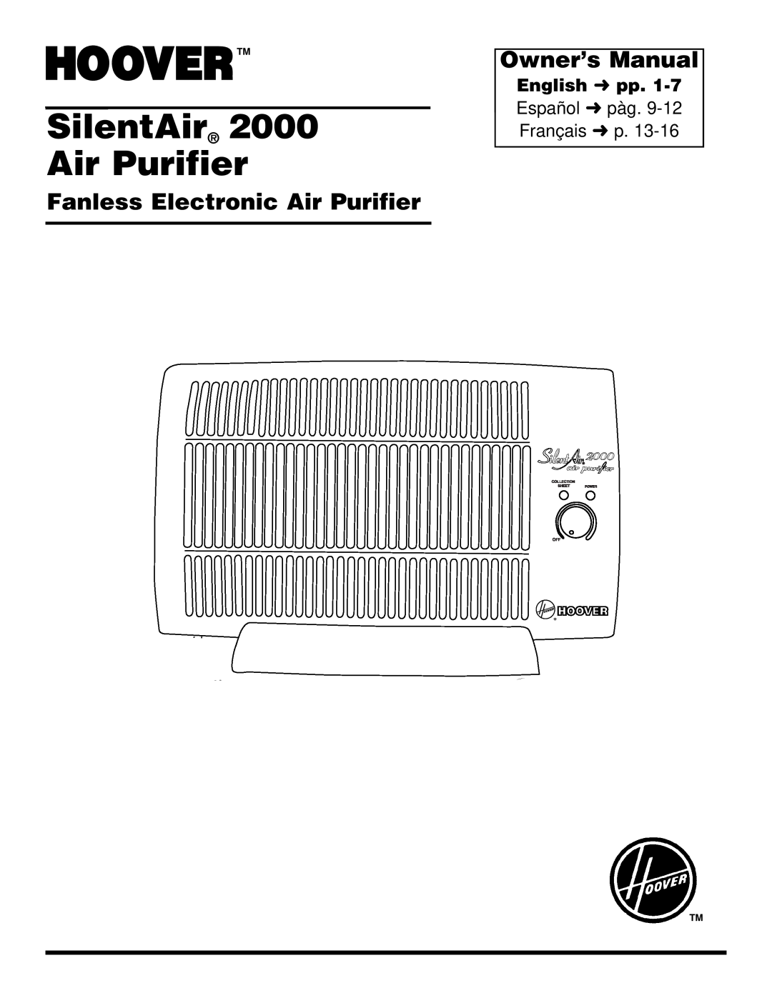 Hoover SilentAir 2000 owner manual Fanless Electronic Air Purifier, SilentAir Air Purifier 
