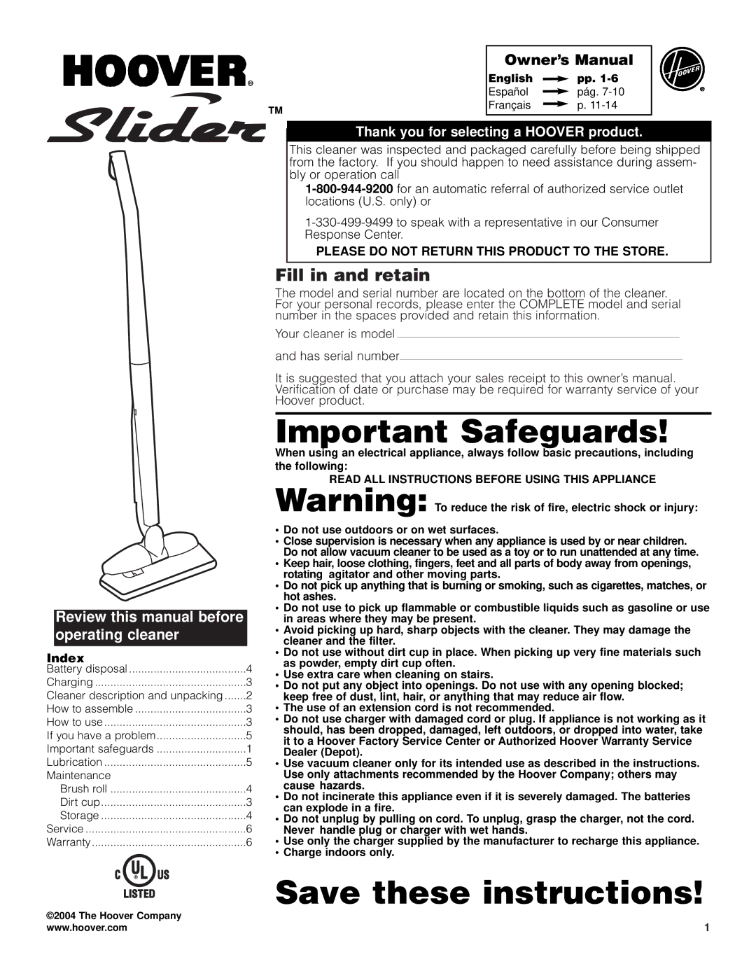 Hoover Slider Vacuum Cleaner owner manual Fill in and retain, Index 