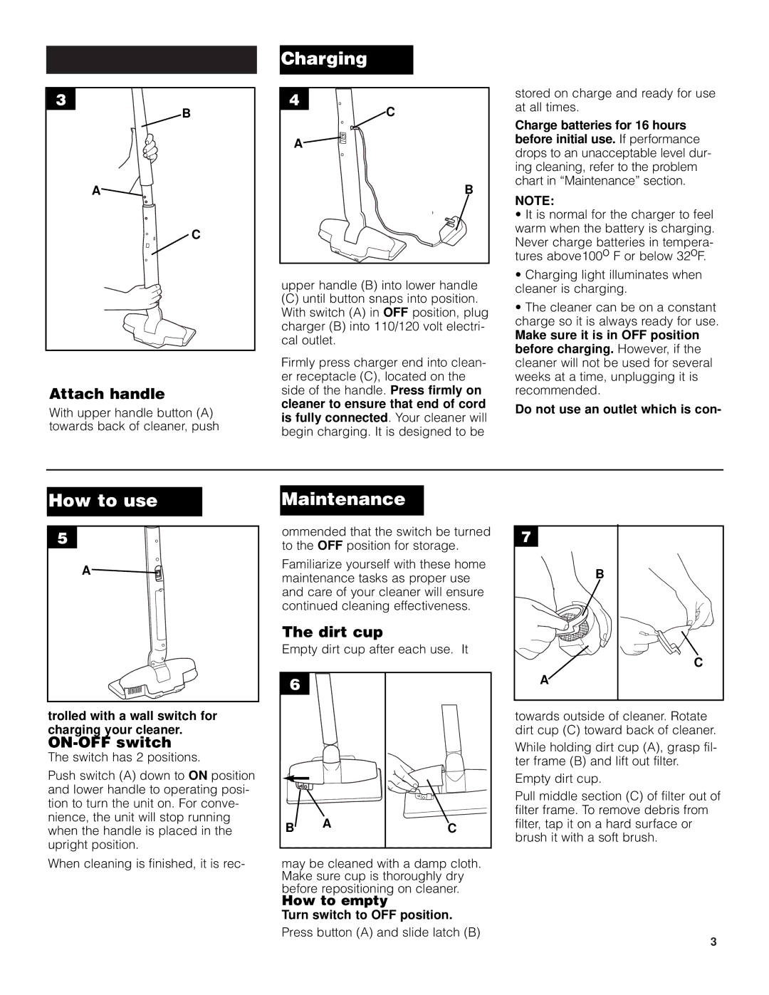 Hoover Slider Vacuum Cleaner owner manual How to assemble, Charging, How to use Maintenance 