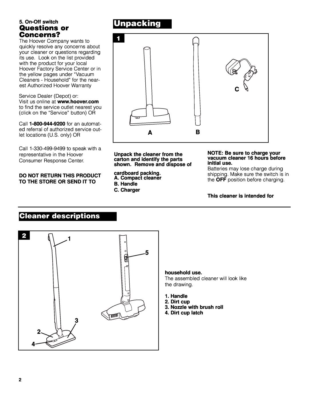 Hoover Slider Vacuum Cleaner owner manual Questions or Concerns?, Unpacking, Cleaner descriptions, C Ab 