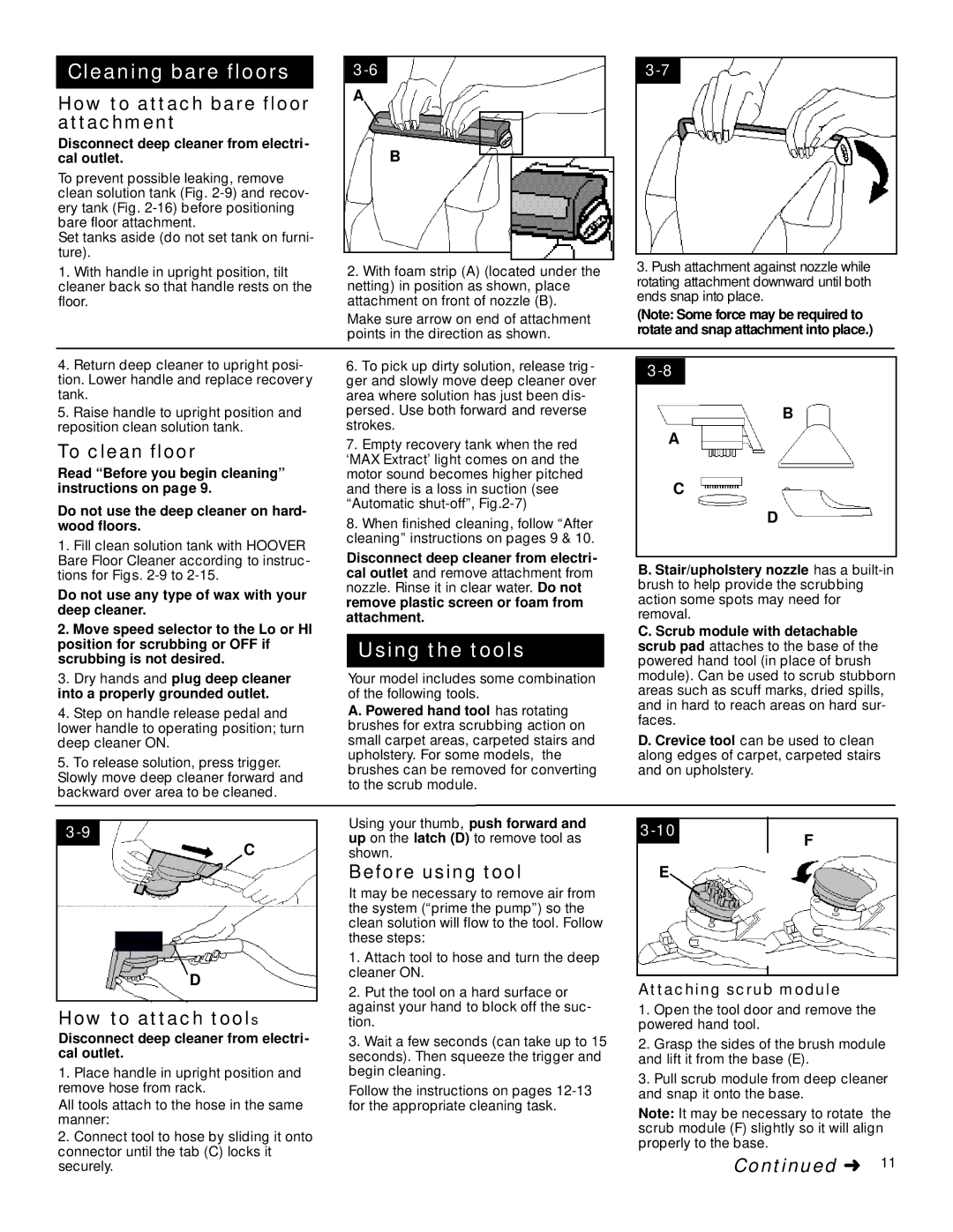 Hoover SpinScrub manual How to attach bare floor attachment, To clean floor, Before using tool, How to attach tools 