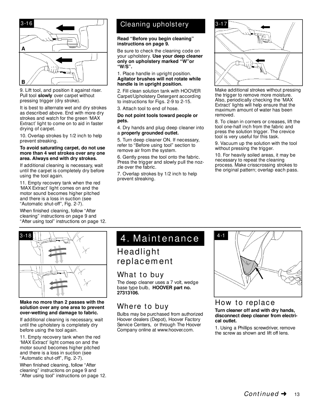 Hoover SpinScrub manual Maintenance, A d l i g h t Re p l a c e m e n t, What to buy, E re to buy How to re p l a c e 