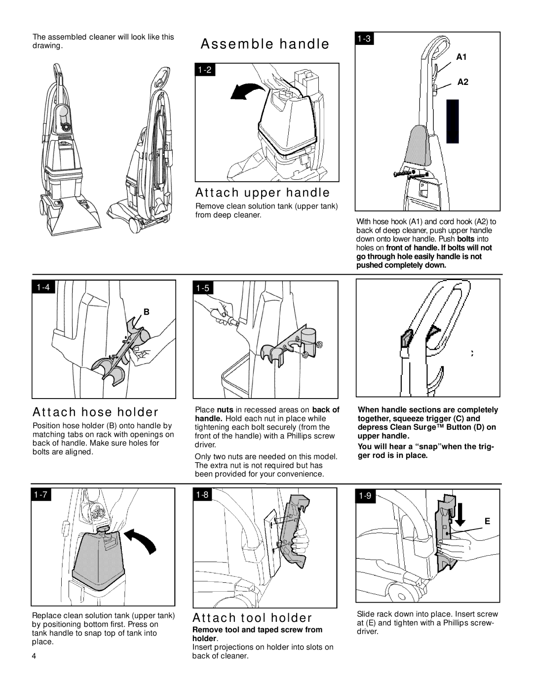 Hoover SpinScrub manual Assemble handle, Attach upper handle, Attach hose holder, Attach tool holder 