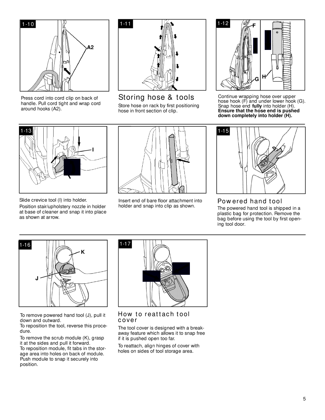 Hoover SpinScrub manual Storing hose & tools, Powered hand tool, How to reattach tool cover 