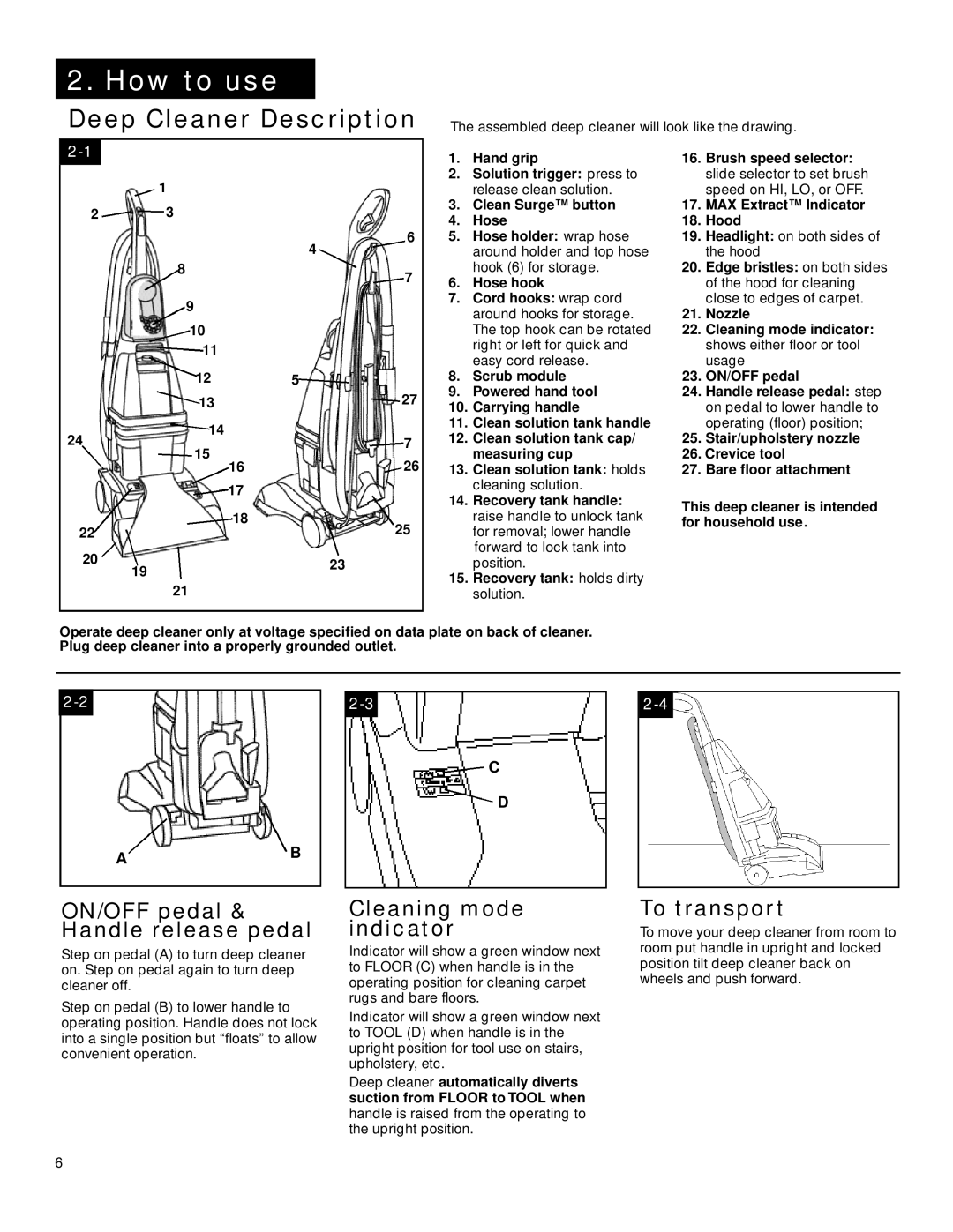 Hoover SpinScrub manual How to use, ON/OFF pedal & Handle release pedal, Cleaning mode indicator, To transport 