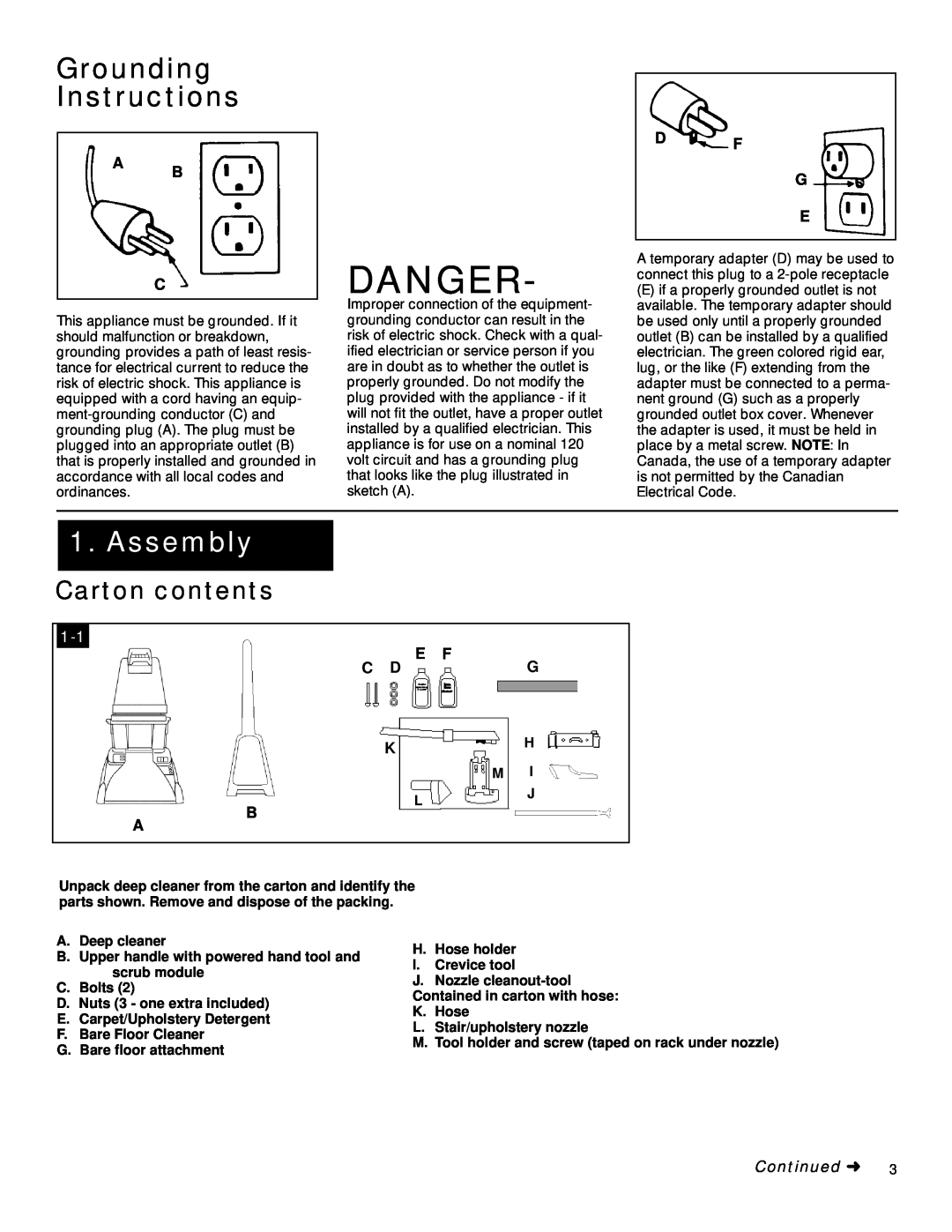 Hoover SpinScrub manual Danger, Grounding Instructions, Assembly, Carton contents, A B C, D F G E, E F C Dg Kh, Continued 