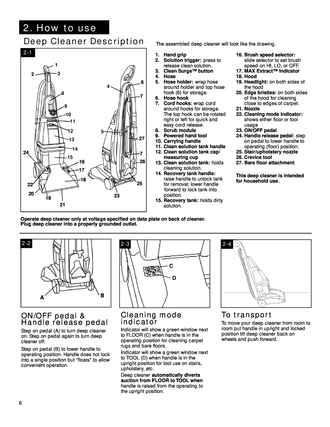 Hoover SpinScrub manual How to use, ON/OFF pedal & Handle release pedal, Cleaning mode indicator, To transport 