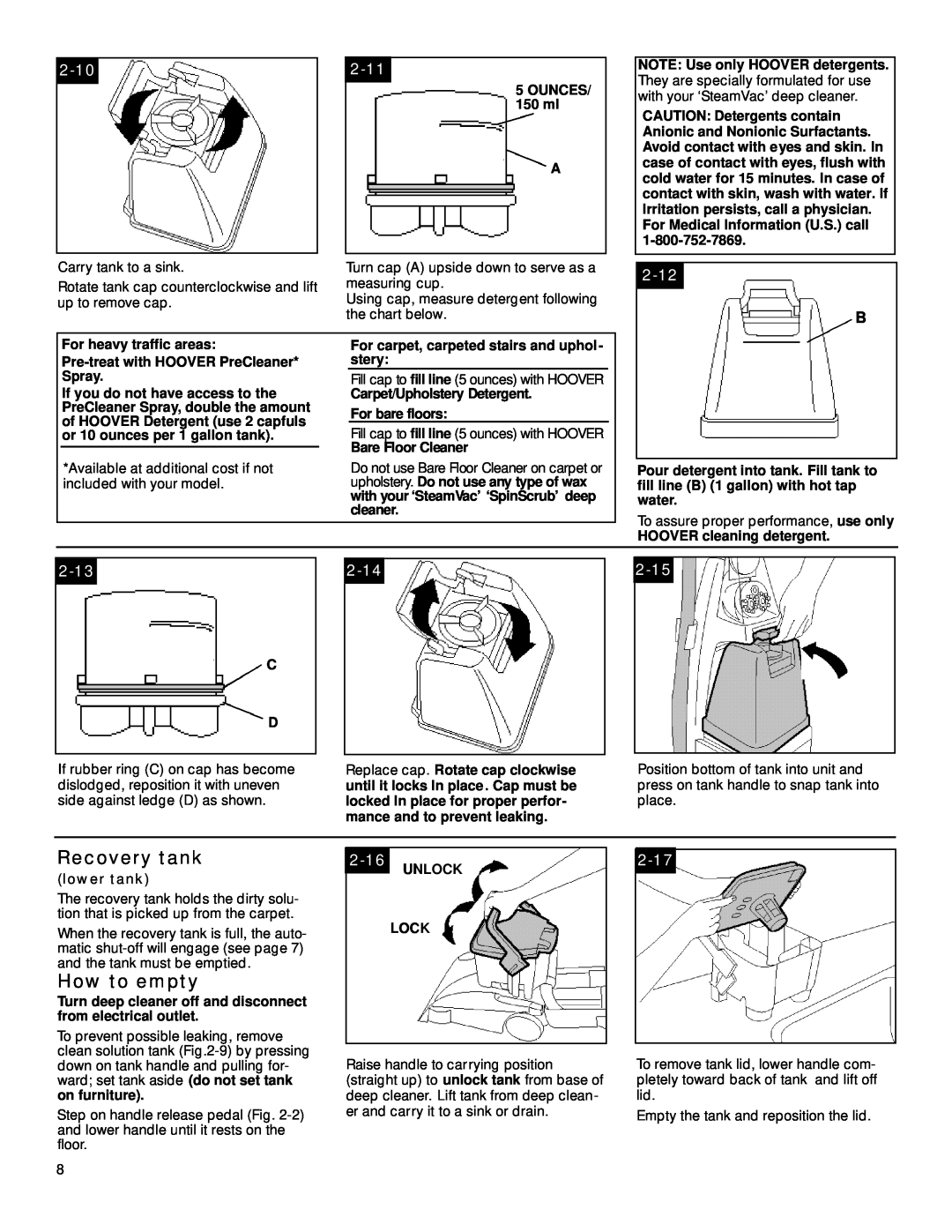 Hoover SpinScrub manual Recovery tank, How to empty, 2-102-11, 2-12, 2-13, 2-14, 2-15, 2-16, 2-17 
