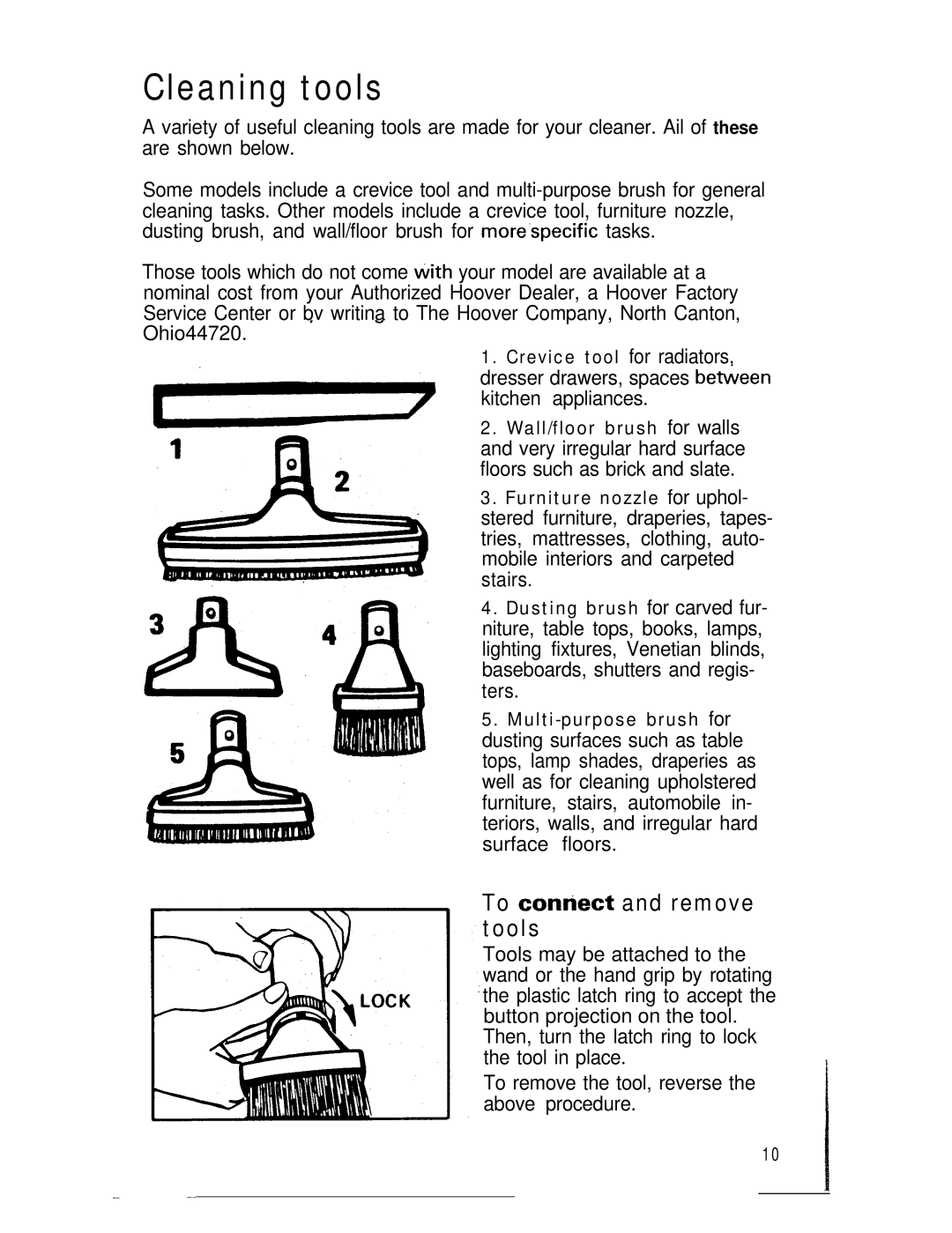 Hoover Spirit Vacuum Cleaner manual Cleaning tools, To conriect and remove tools 