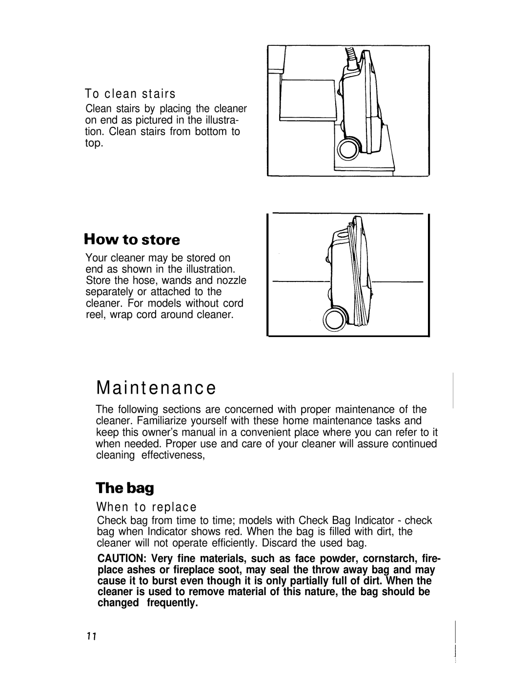 Hoover Spirit Vacuum Cleaner manual How to store, Bag, To clean stairs, When to replace 