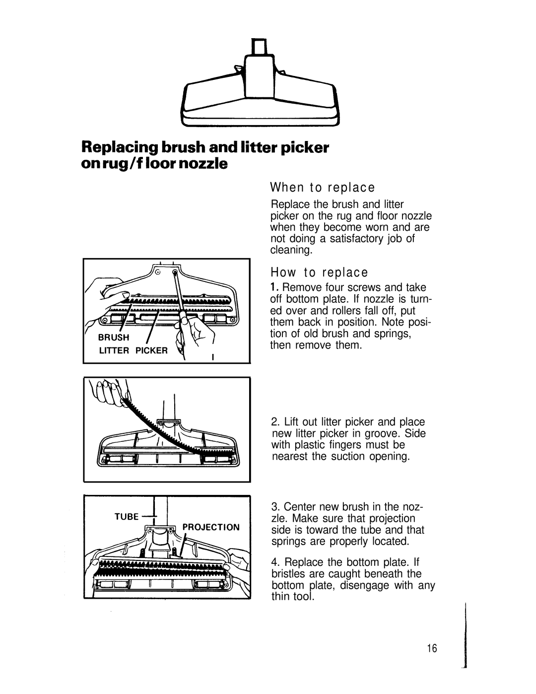 Hoover Spirit Vacuum Cleaner manual Replacing brush and litter picker on rug/f loor nozzle 