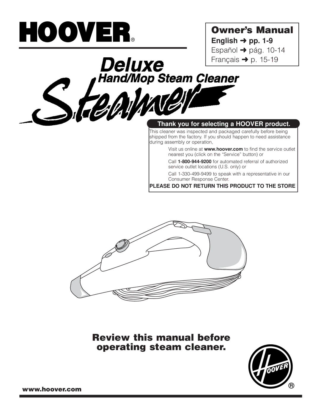 Hoover Steam cleaner owner manual English pp, Español pág Français p 