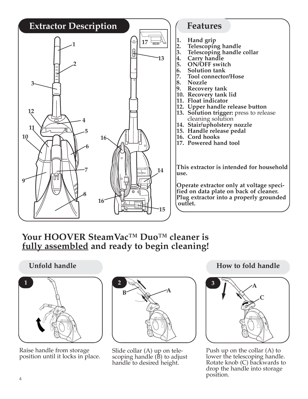 Hoover Steam Vac Duo Deep Cleaner manual Extractor Description, Features, Unfold handle How to fold handle 