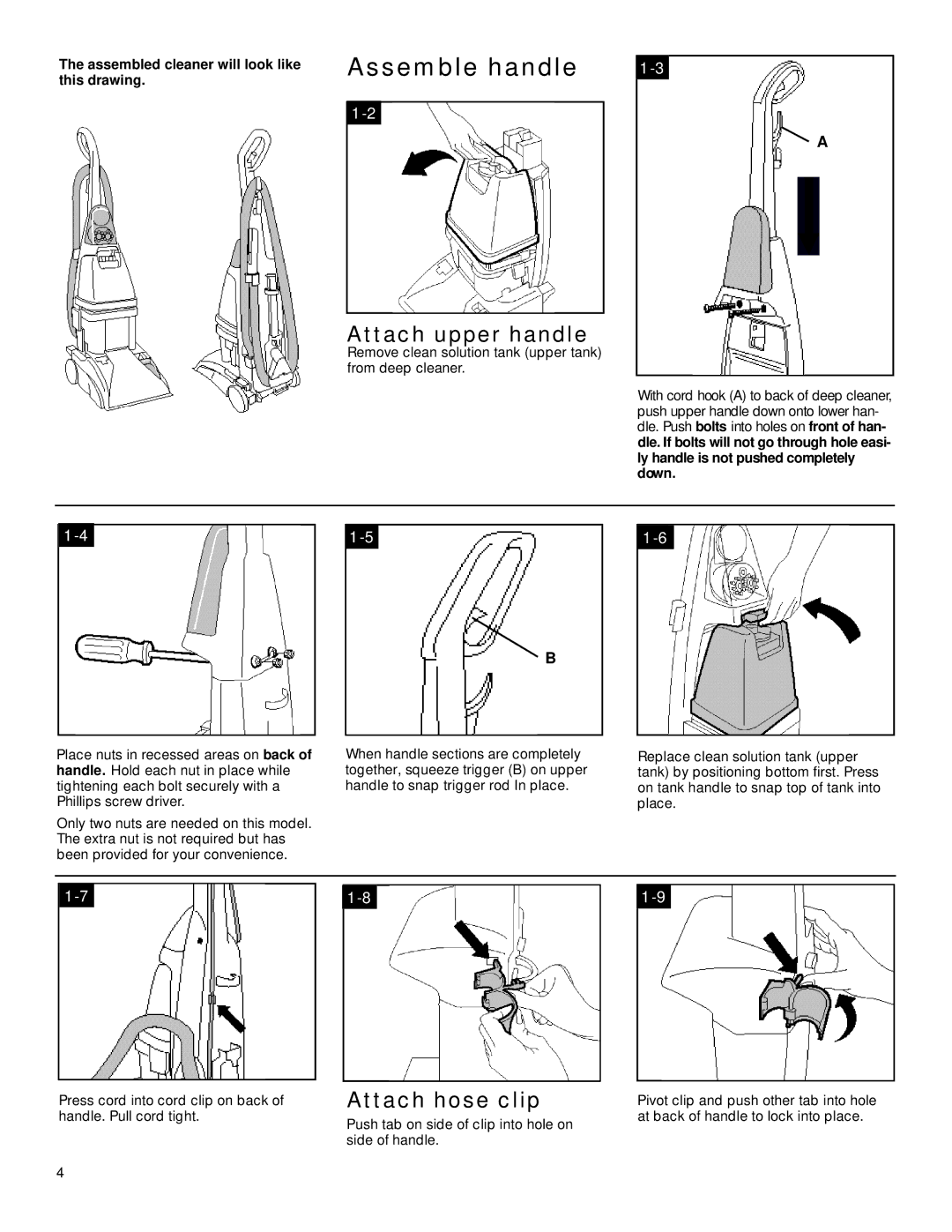 Hoover SteamVac LS Assemble handle, Attach upper handle, Attach hose clip, Assembled cleaner will look like this drawing 