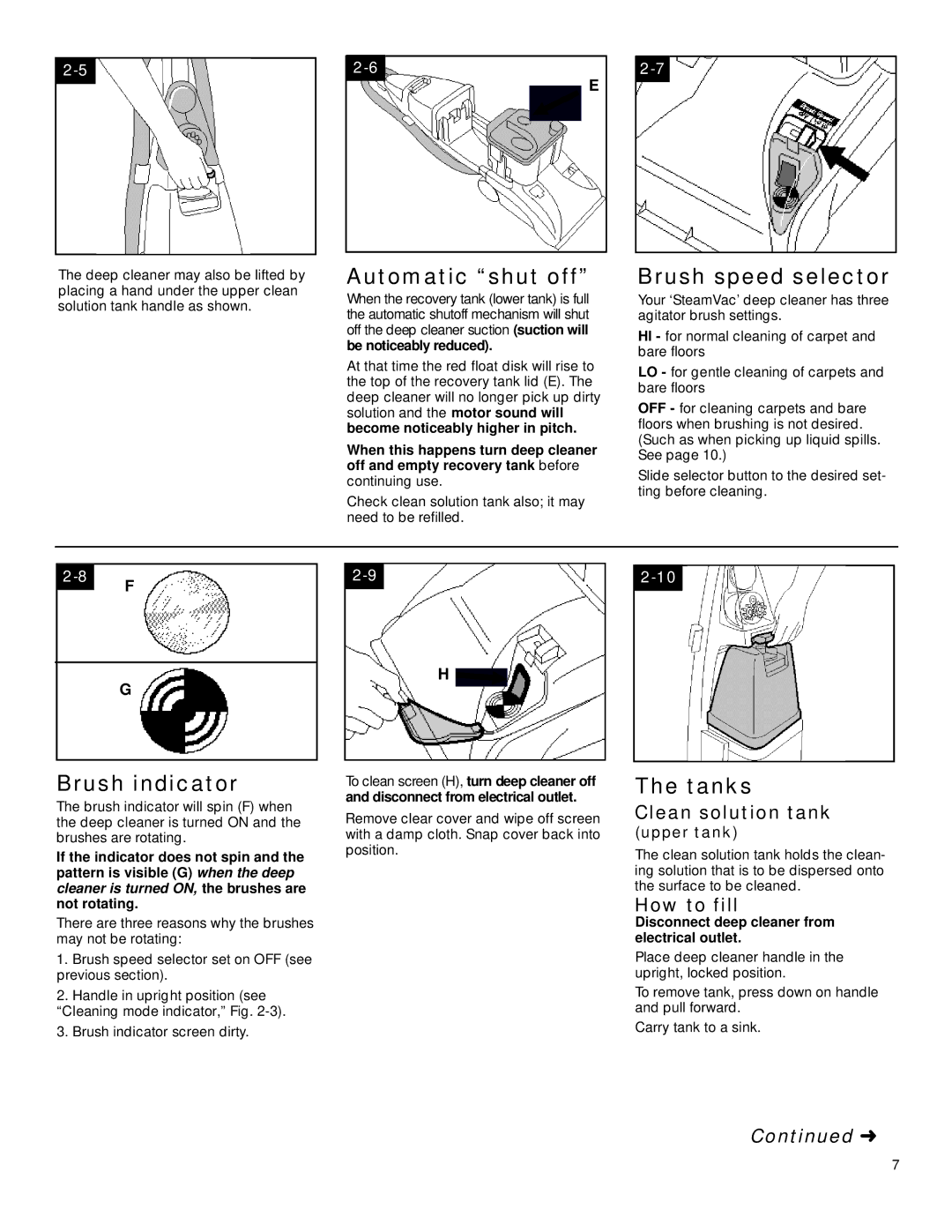 Hoover SteamVac LS manual Automatic shut off, Brush speed selector, Brush indicator, Tanks 