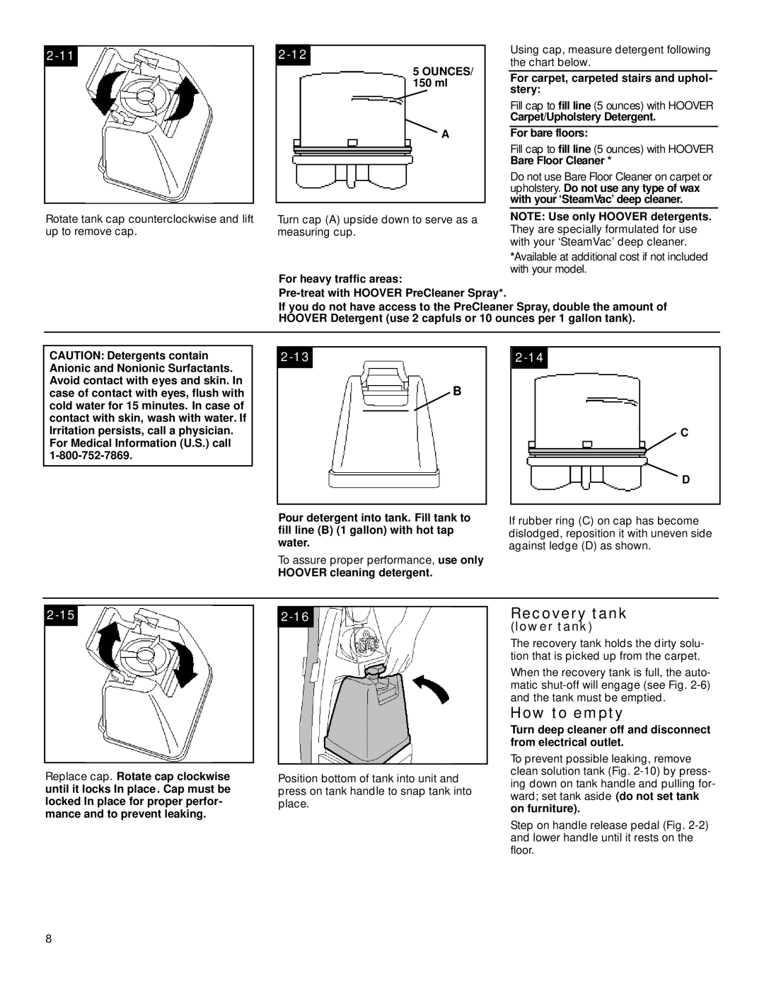 Hoover SteamVac LS manual Recovery tank, How to empty, Lower tank, Ounces 