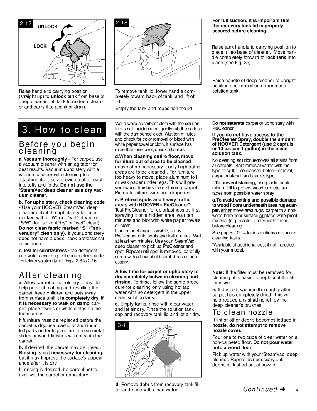 Hoover SteamVac LS manual How to clean, Before you begin cleaning, After cleaning, To clean nozzle, Unlock Lock 