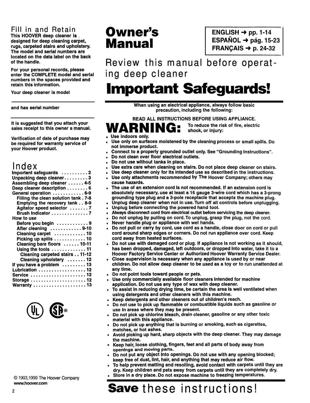 Hoover SteamVac" LS Sawe these instructions, Index, Review this manual before operat- ing deep cleaner, Fill in and Retain 