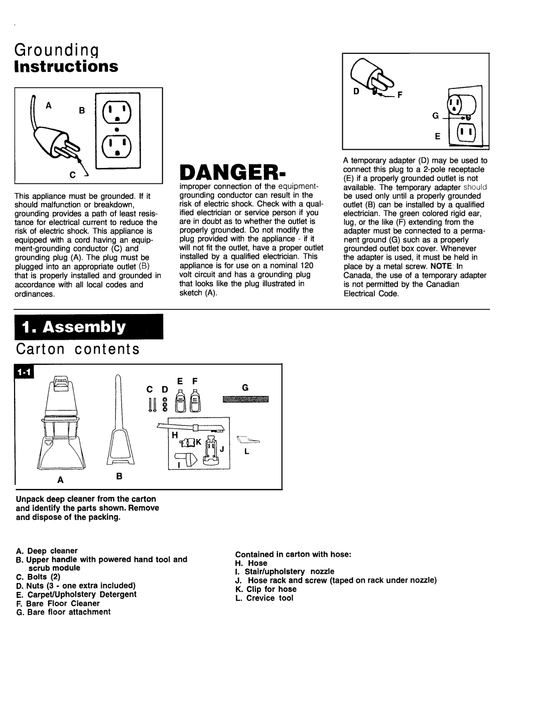 Hoover SteamVac" LS manual Grounding Instructihs, Carton contents, Danger 