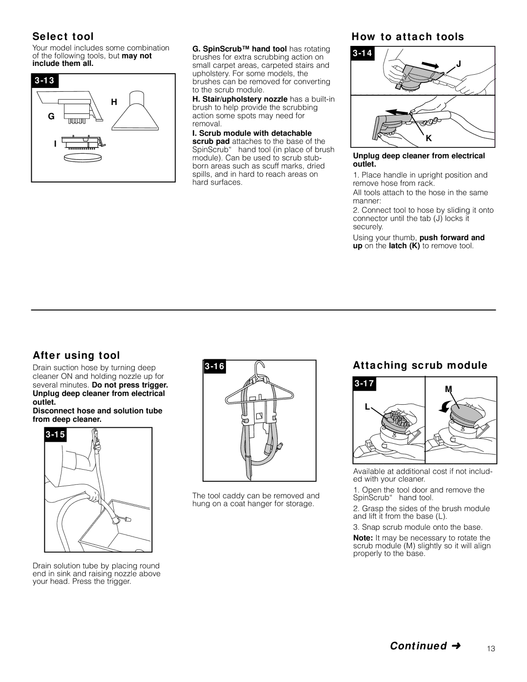 Hoover SteamVac V2 manual Select tool, How to attach tools, After using tool, Attaching scrub module 