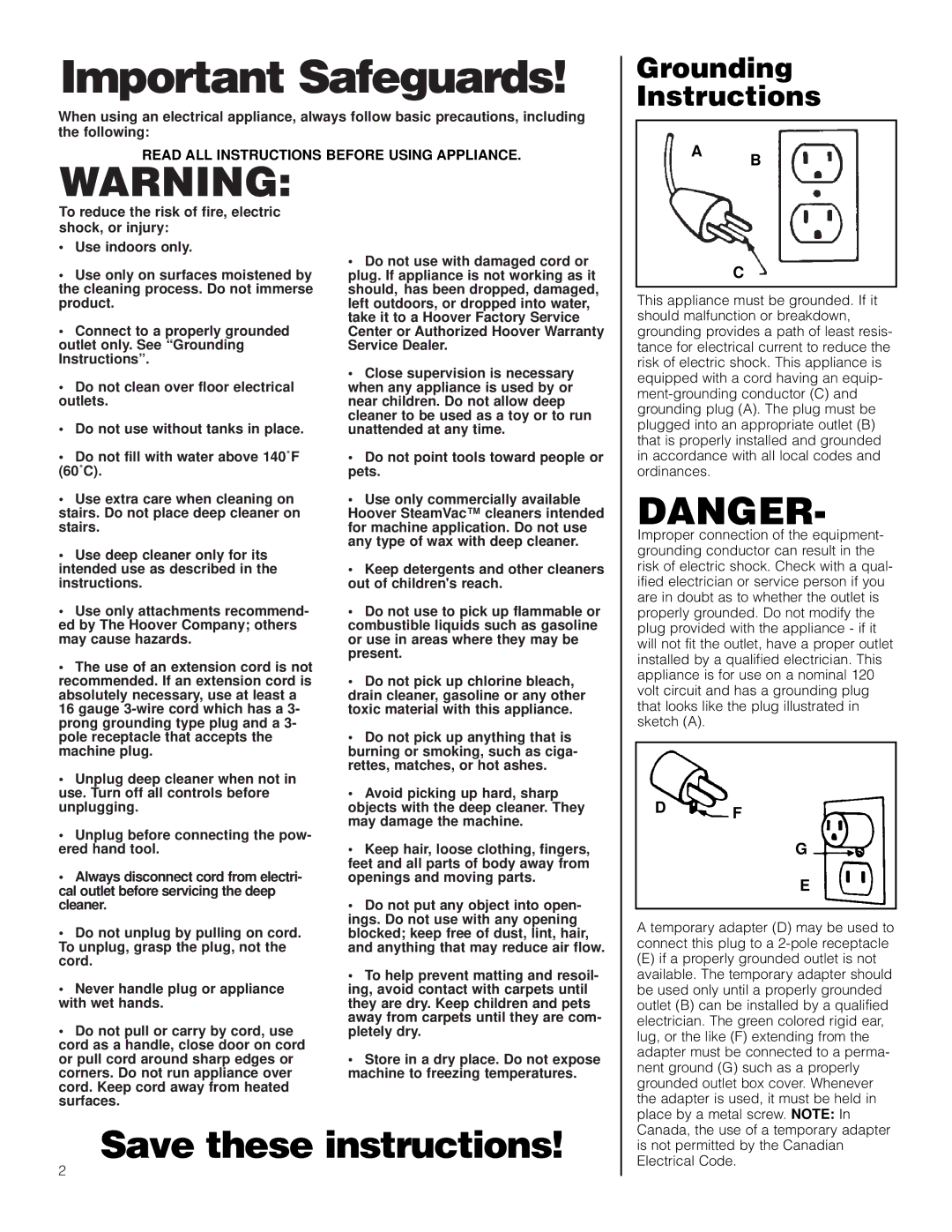 Hoover SteamVac V2 manual Important Safeguards 