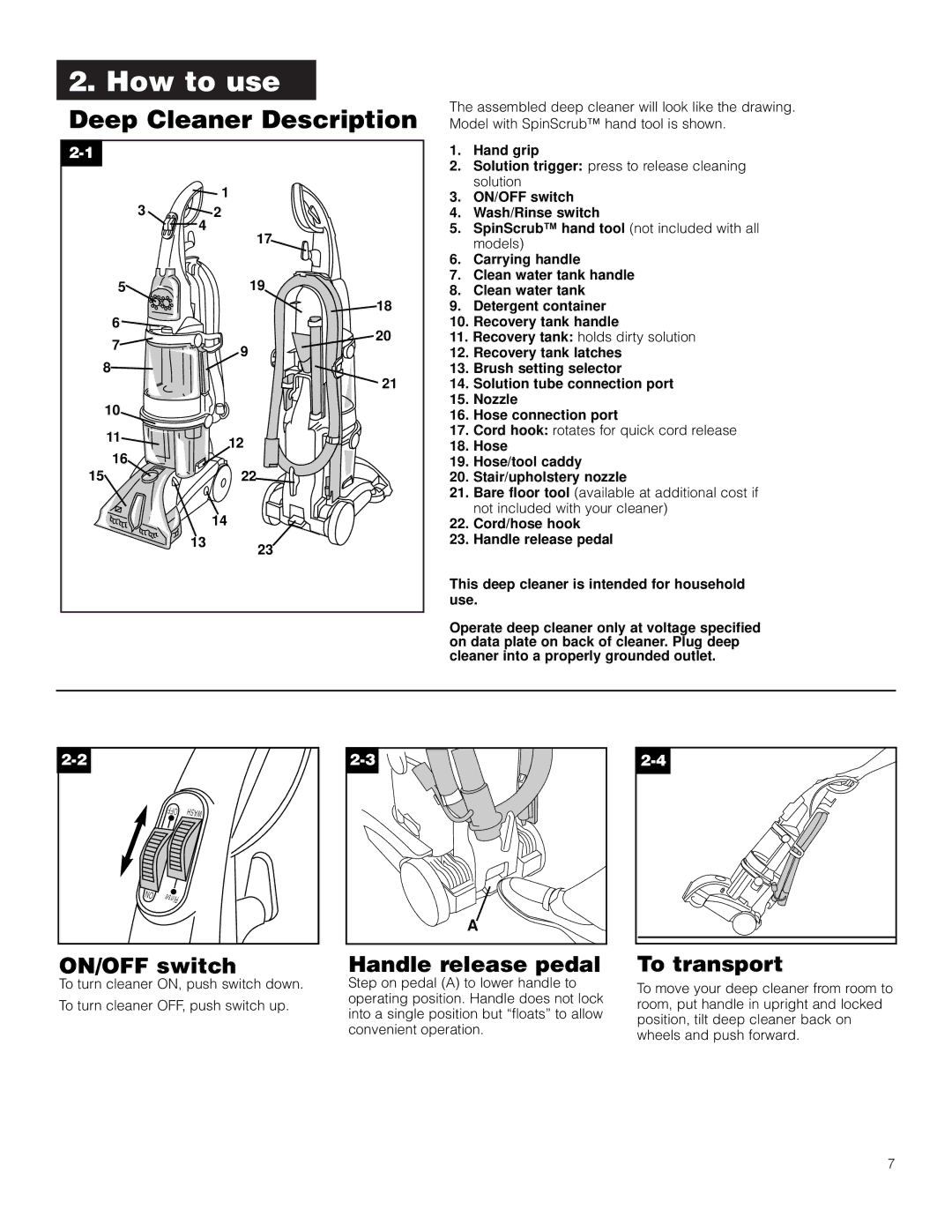 Hoover SteamVac V2 manual How to use, Deep Cleaner Description, ON/OFF switch, Handle release pedal, To transport 