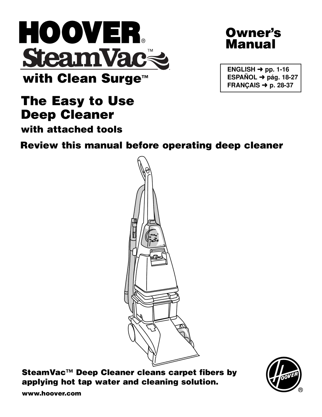 Hoover SteamVac with Clean Surge owner manual With attached tools, Review this manual before operating deep cleaner 