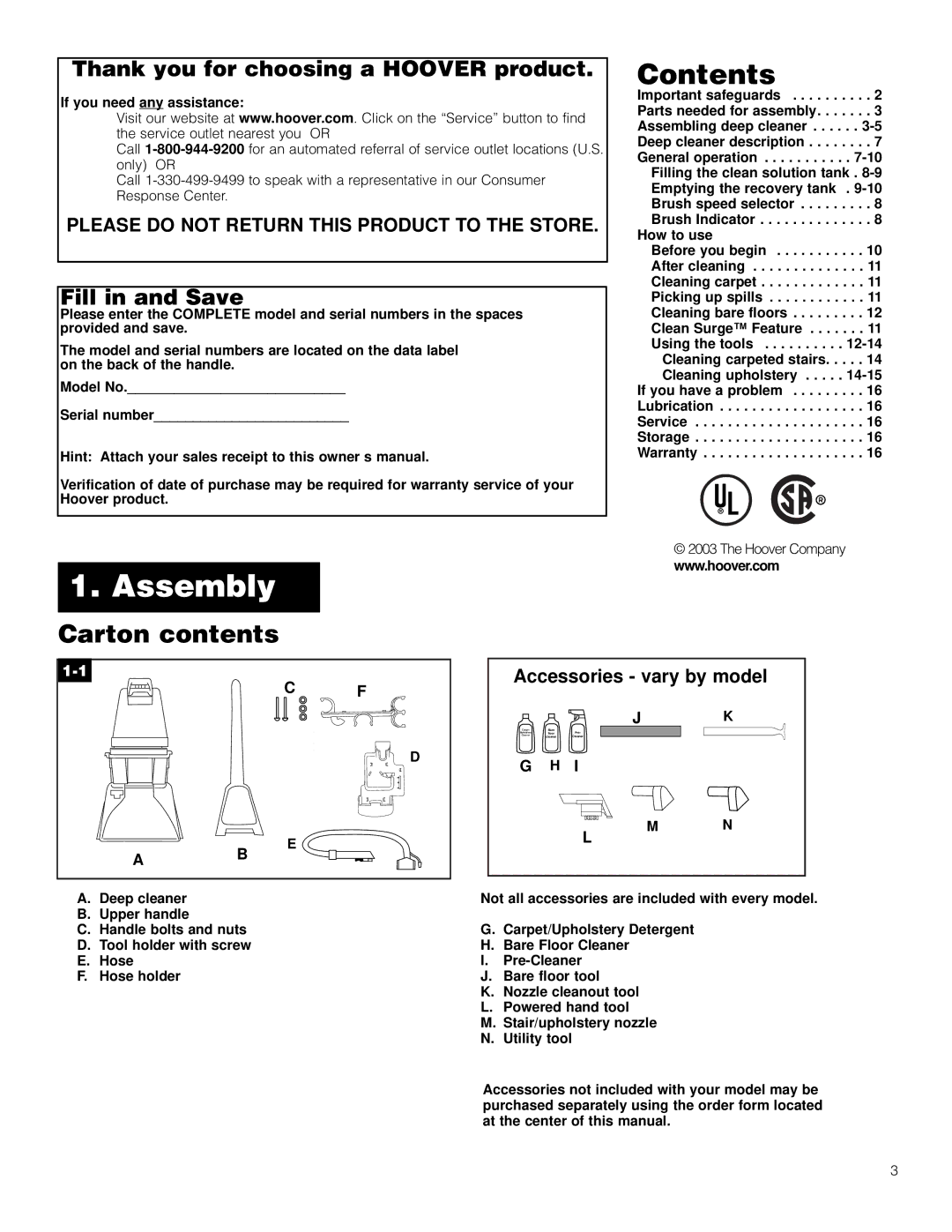 Hoover SteamVac with Clean Surge owner manual Assembly, Contents 