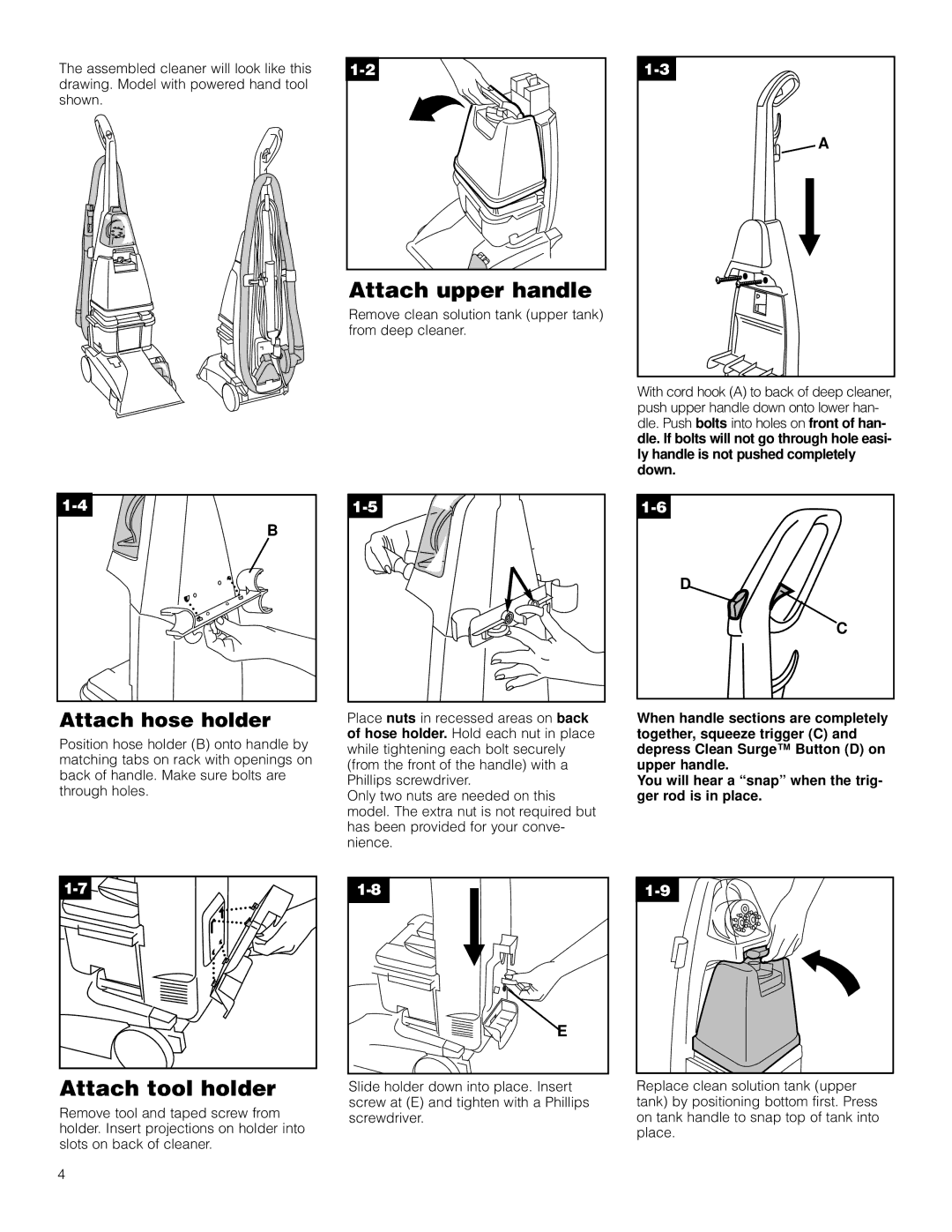 Hoover SteamVac with Clean Surge owner manual Attach upper handle, Attach tool holder 