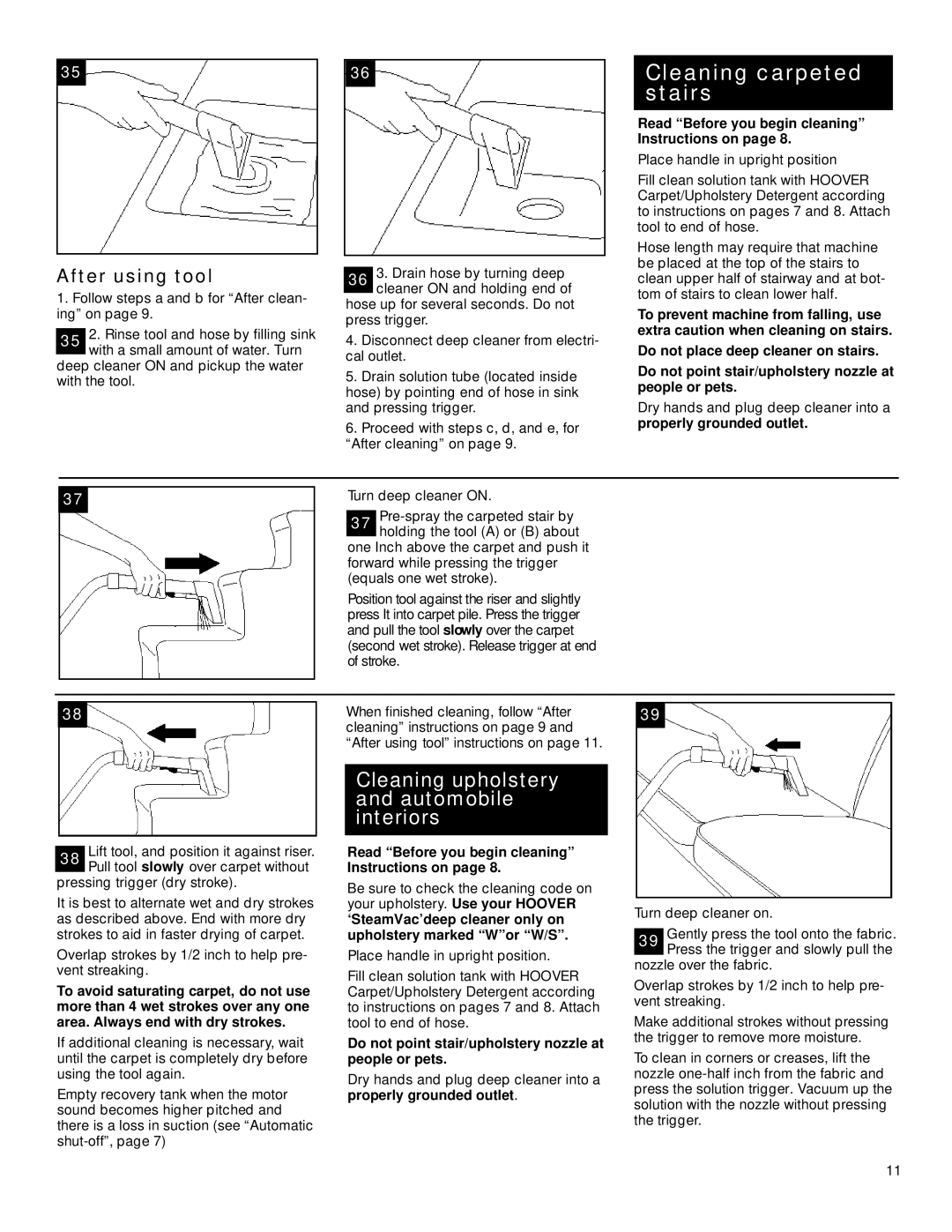 Hoover SteamVac owner manual Cleaning carpeted stairs, After using tool, Read Before you begin cleaning Instructions on 