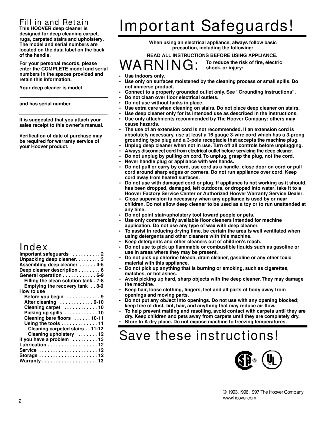 Hoover SteamVac owner manual Index, Fill in and Retain, Read ALL Instructions Before Using Appliance 