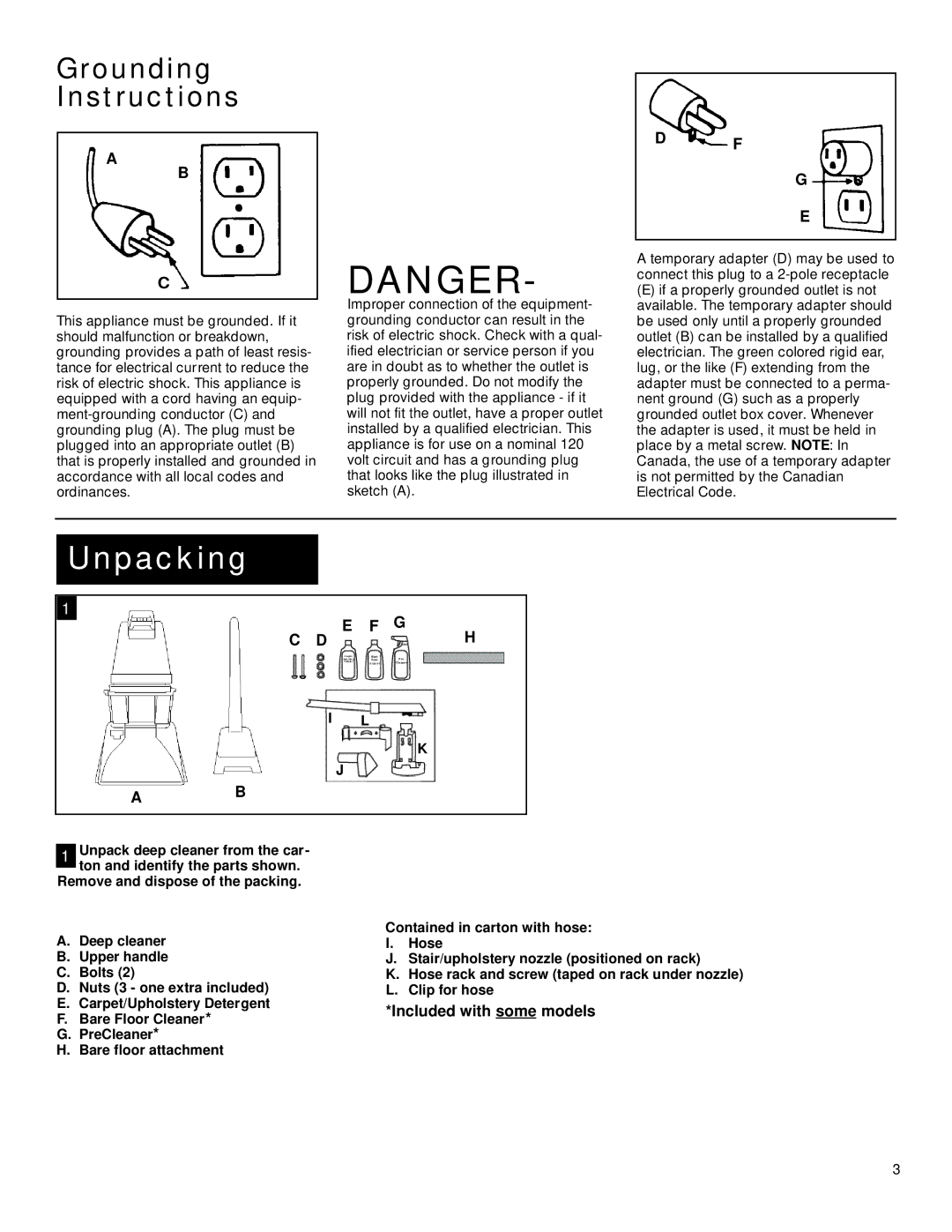 Hoover SteamVac owner manual Unpacking, Grounding Instructions 