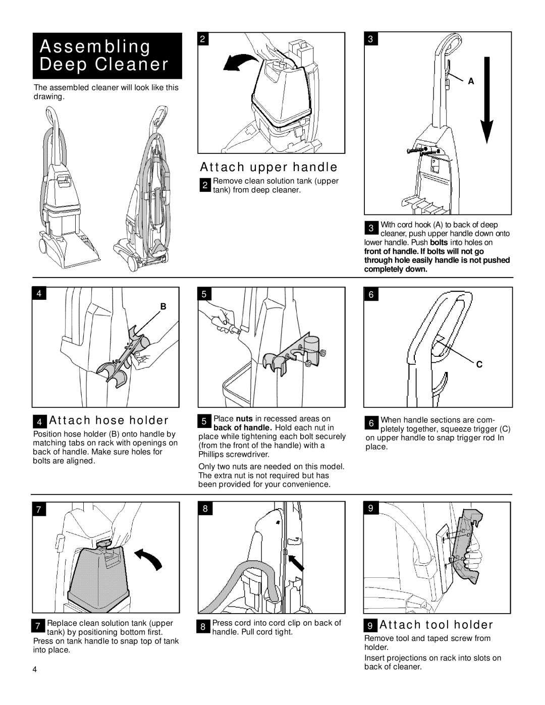 Hoover SteamVac owner manual Assembling Deep Cleaner, Attach upper handle 