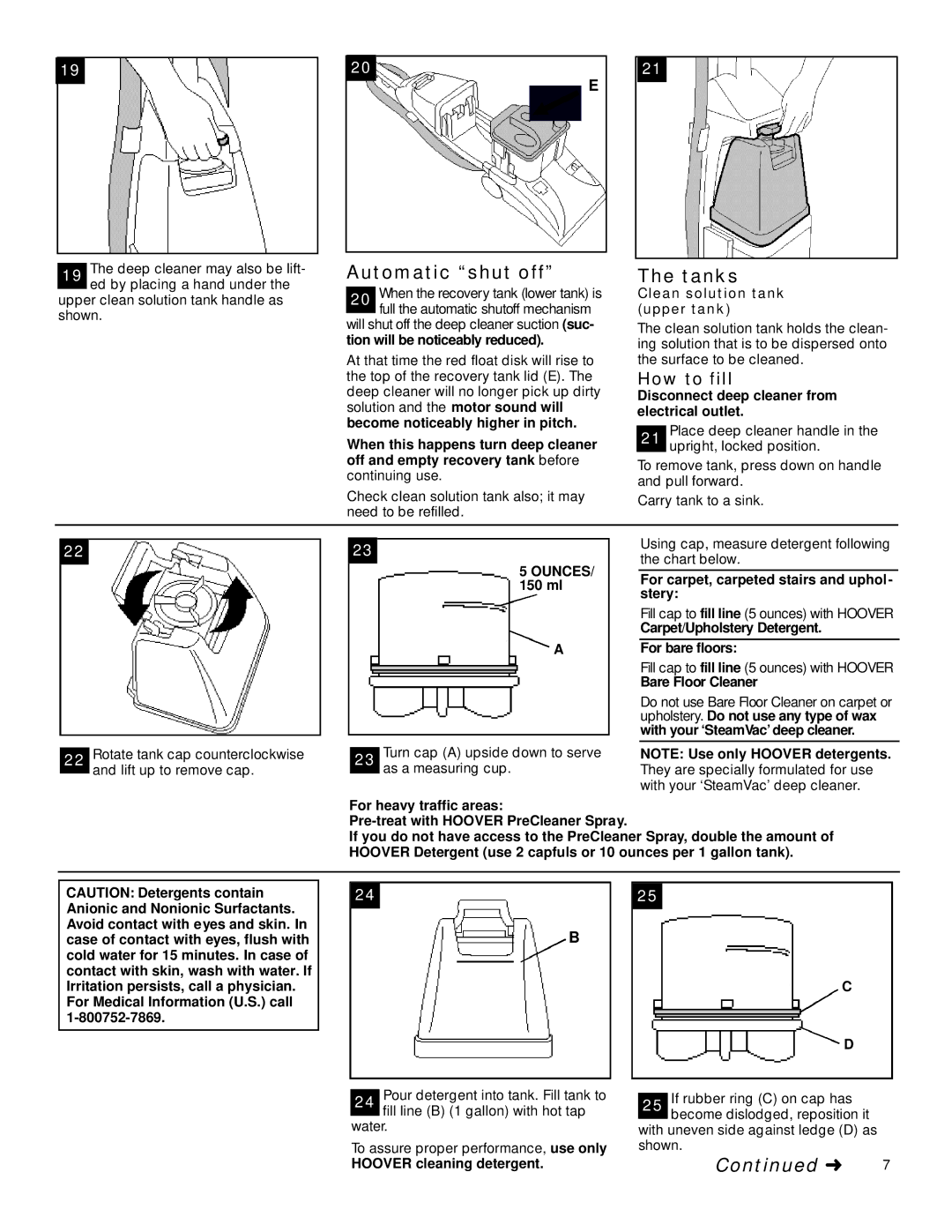 Hoover SteamVac owner manual Automatic shut off, Tanks, Ounces 