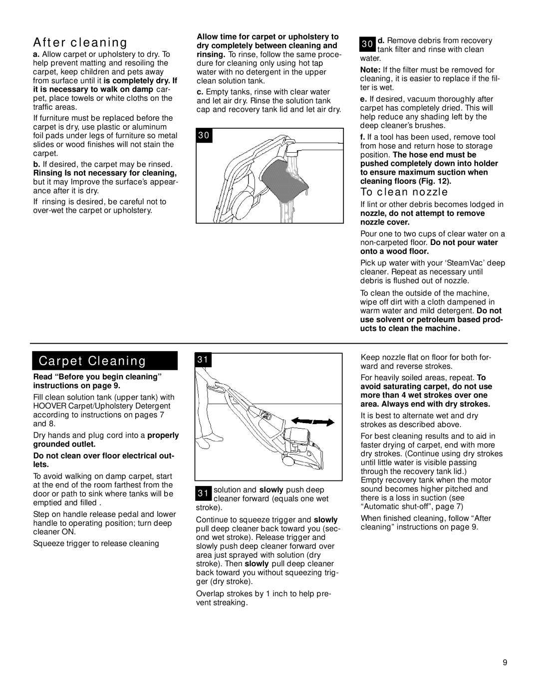 Hoover SteamVac owner manual After cleaning, Carpet Cleaning, To clean nozzle 